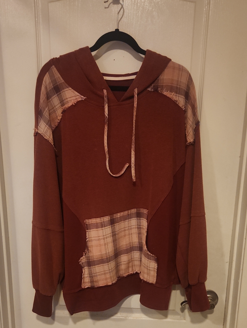 POL Rust Plaid-Trim Hooded Crew Sweatshirt